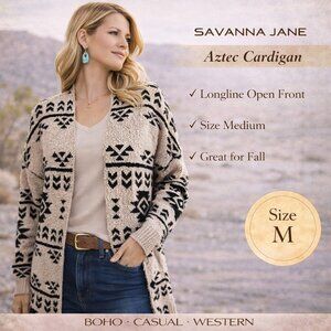 Savanna Jane Cardigan Long Line Aztec Pattern Knit Boho Southwestern Comfortcore